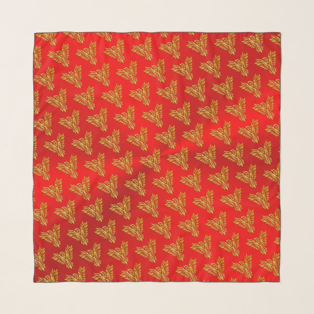 Golden stylized phoenix with embossed look on red scarf (Front)