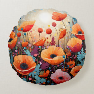 Golden Summer Glow Poppy Paradise Round Pillow