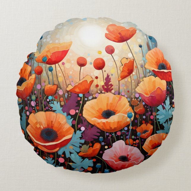 Golden Summer Glow Poppy Paradise Round Pillow (Front)