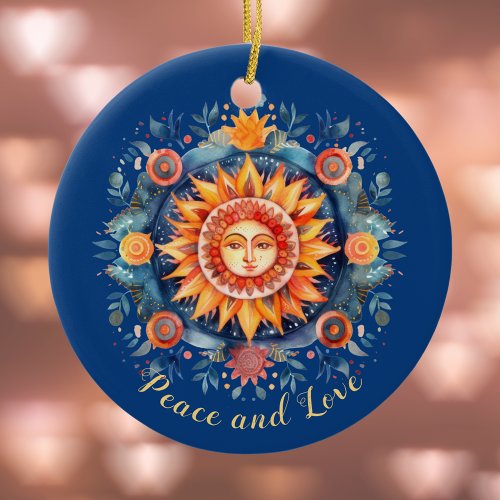 Golden Sun and Floral Mandala Peace and Love Blue Ceramic Ornament