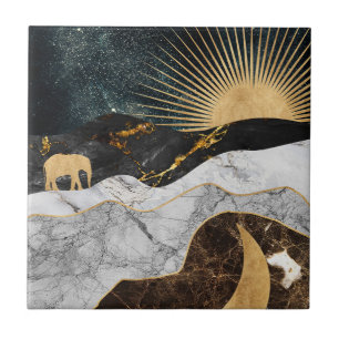 Golden Sun and Moon with Elephant in Marble Cosmic Ceramic Tile