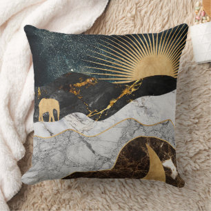 Golden Sun and Moon with Elephant in Marble Cosmic Throw Pillow