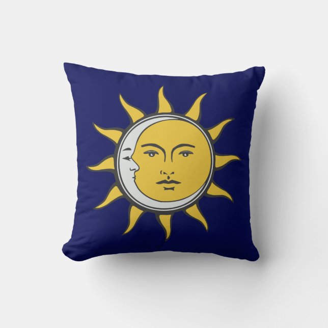 Golden Sun and Silver Moon on Navy Blue Throw Pillow (Front)