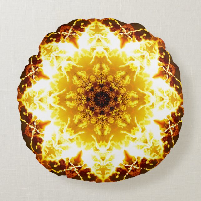 Golden Sun FLower Mandala Round Pillow (Front)