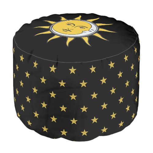 Golden Sun  Moon and Star Pattern on Black Pouf