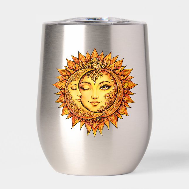 Golden Sun Moon Boho Goddess | Celestial Mandala Thermal Wine Tumbler (Front)