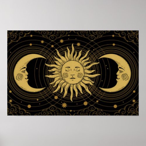 Golden Sun_Moon on Midnight Black Celestial Poster