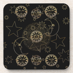 Golden Sun Moon Stars Celestial Astronomy art Beverage Coaster