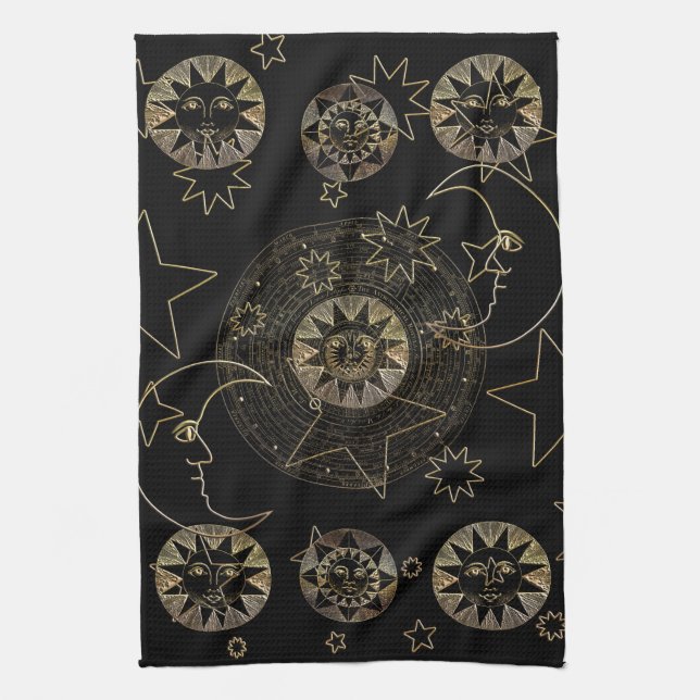 Golden Sun Moon Stars Celestial Astronomy art Kitchen Towel (Vertical)