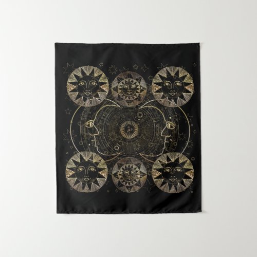 Golden Sun Moon Stars Celestial Astronomy art Tapestry