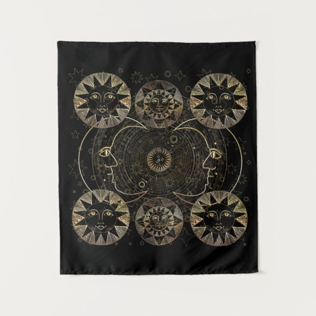 Golden Sun Moon Stars Celestial Astronomy art Tapestry (Front)