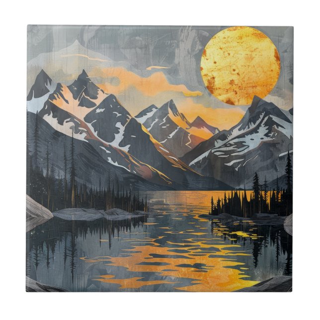 Golden Sun Over Snowy Mountains – Boho Wilderness Ceramic Tile (Front)