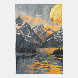 Golden Sun Over Snowy Mountains – Boho Wilderness Kitchen Towel