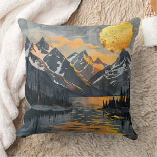Golden Sun Over Snowy Mountains – Boho Wilderness Throw Pillow