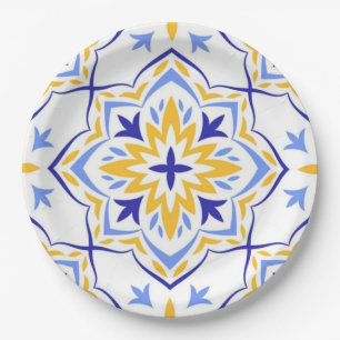 Golden Sunburst Elegant Blue and Gold Floral Paper Plates