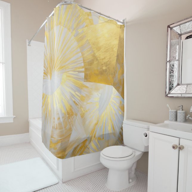 Golden Sunbursts in Silver Dawn Shower Curtain (In Situ)