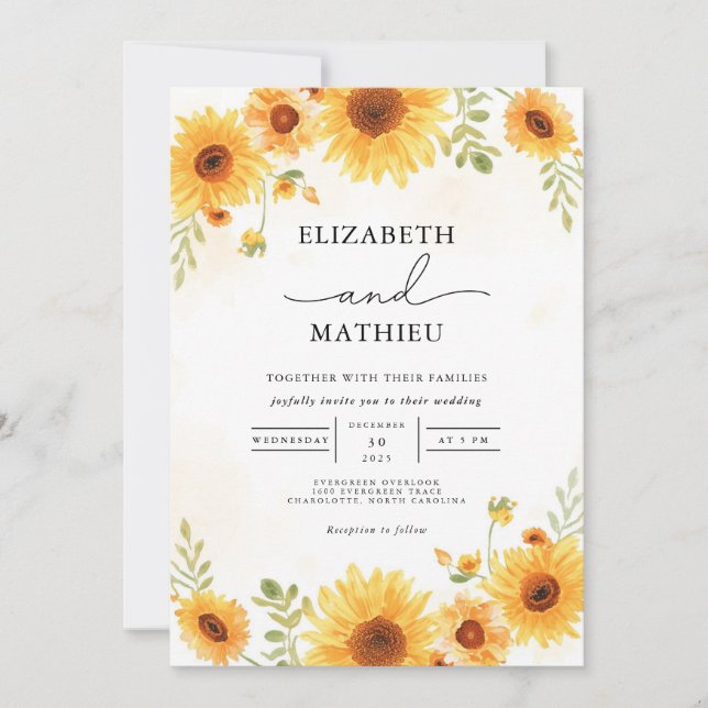 Golden Sunflower Border Accent Wedding Invitation (Front)