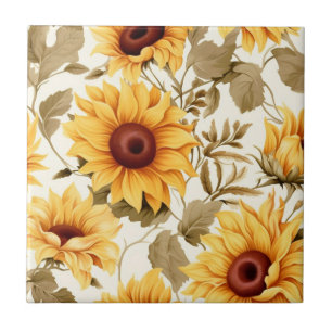 Golden Sunflower Botanical Pattern Ceramic Tile