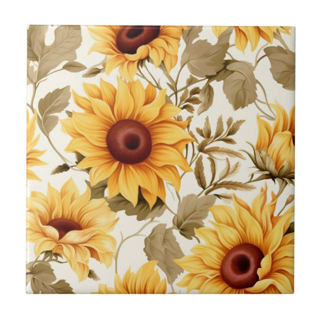 Golden Sunflower Botanical Pattern Ceramic Tile (Front)