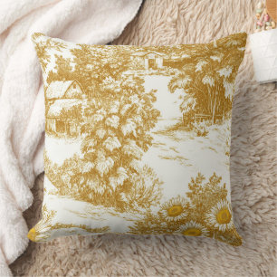 Golden Sunflower Cottage Toile Countryside Pattern Throw Pillow