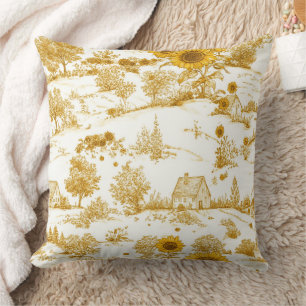 Golden Sunflower Cottagecore Countryside Toile Throw Pillow