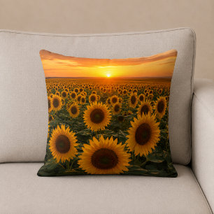 Golden Sunflower Field at Sunset Throw Pillow