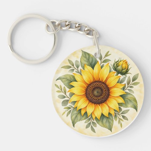 Golden Sunflower Garden Watercolor Keychain