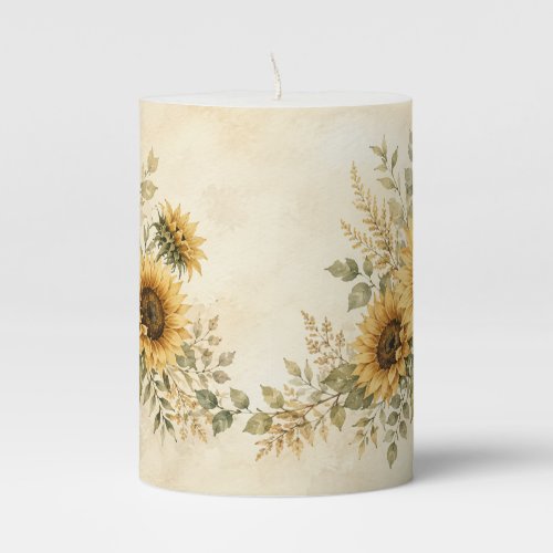 Golden Sunflower Garden Watercolor Pillar Candle