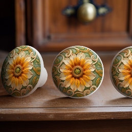 Golden Sunflower Glory Ceramic Knob Pull