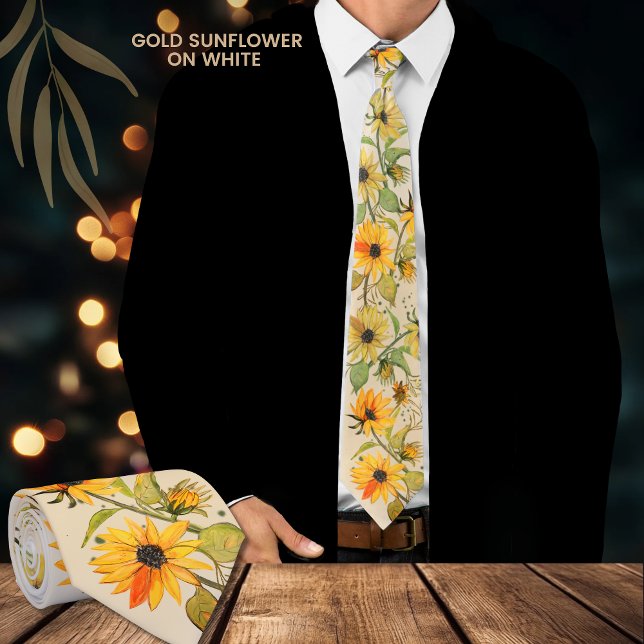 Golden Sunflower Hand Painted on White Neck Tie (Golden Sunflower Hand Painted on White Neck Tie)
