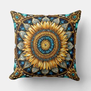 Golden Sunflower Mandala With Intricate Gems Throw Pillow
