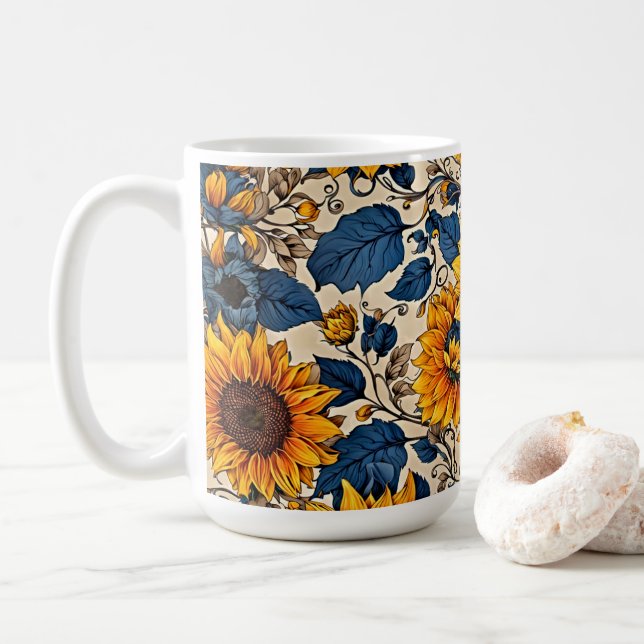Golden Sunflower & Navy Blue Elegance Mug (With Donut)