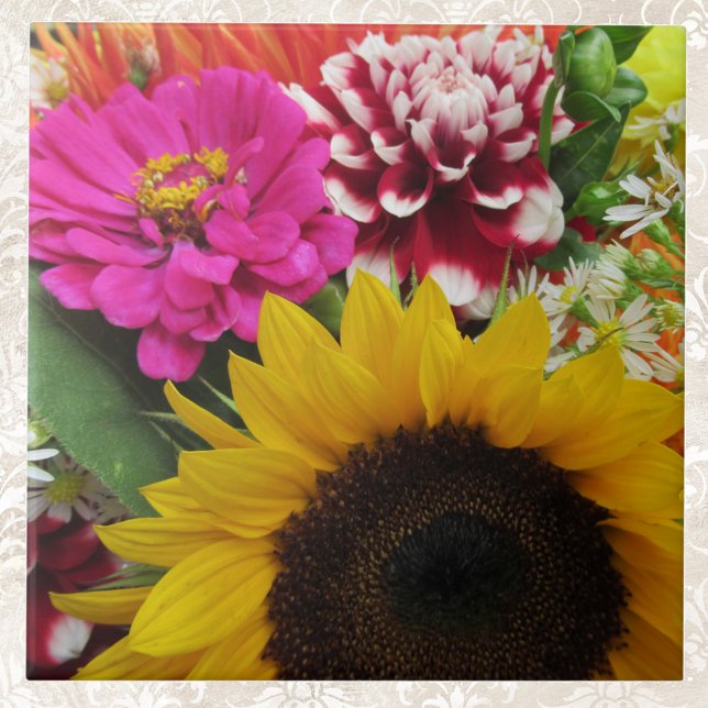 Golden Sunflower Pink Dahlia and Purple Zinnia Ceramic Tile (Creator Uploaded)