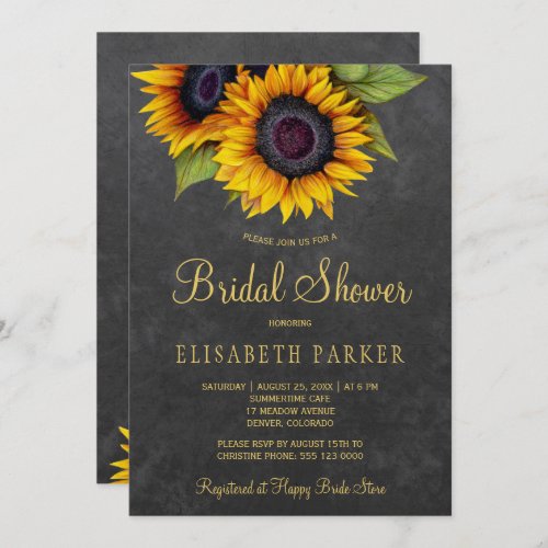 Golden sunflower rustic elegant bridal shower invitation