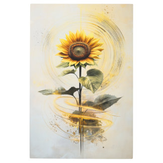 Golden Sunflower Whirl: Abstract Floral Metal Wall Metal Print