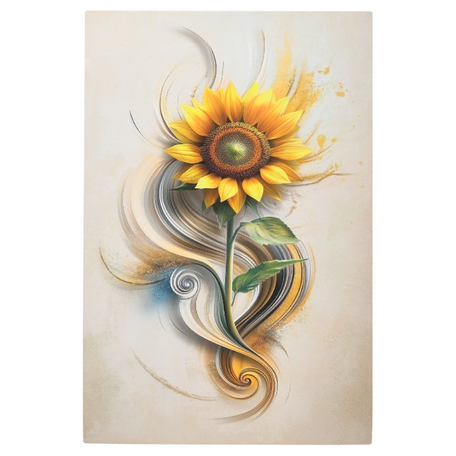 Golden Sunflower Whirl: Abstract Floral Metal Wall Print (Front)