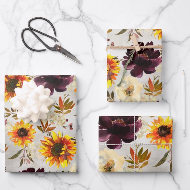Golden Sunflowers & Bordeaux Wine Floral Wrapping Paper Sheets (Front)