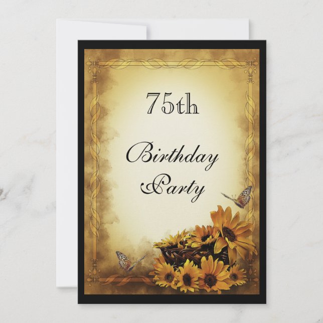 Golden Sunflowers & butterflies 75th Birthday Invitation (Front)