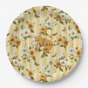 Golden Sunflowers & Butterflies Garden Stripe Paper Plates