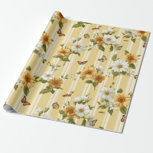 Golden Sunflowers & Butterflies Garden Stripe Wrapping Paper