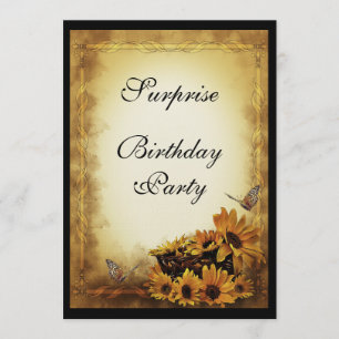 Golden Sunflowers & butterflies Surprise Birthday Invitation