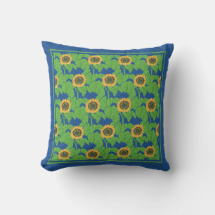 Golden Sunflowers Floral Pattern on Bright Blue Throw Pillow