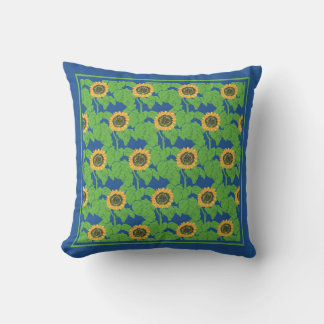 Golden Sunflowers Floral Pattern on Bright Blue Throw Pillow