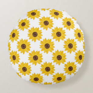 Golden Sunflowers Grid Pattern Round Pillow