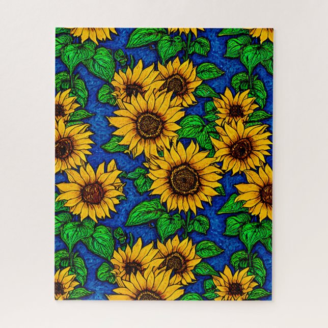 Golden Sunflowers & Leaves on Dark Blue  Jigsaw Puzzle (Vertical)