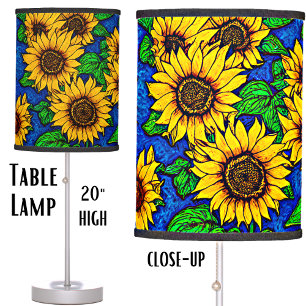 Golden Sunflowers & Leaves on Dark Blue Table Lamp