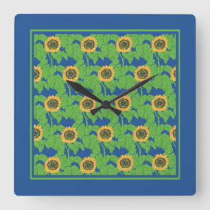Golden Sunflowers on Bright Blue Background Square Wall Clock