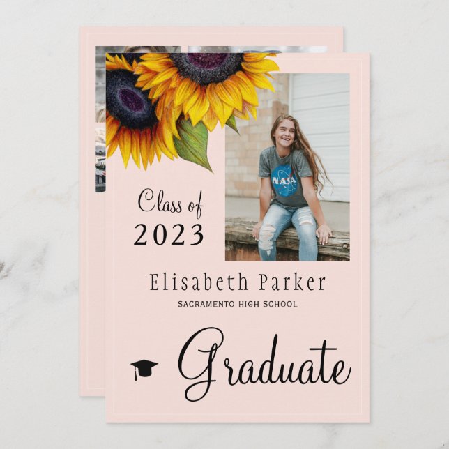 Golden sunflowers PHOTO collage graduation party Invitation (Front/Back)