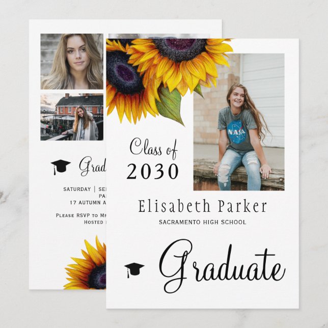 Golden sunflowers PHOTO collage graduation party Invitation (Front/Back)