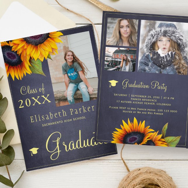 Golden sunflowers PHOTO collage graduation party Invitation (Creator Uploaded)